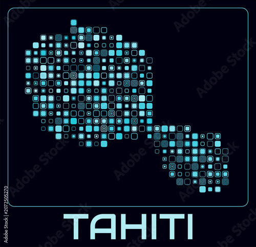 Tahiti digital style map. Large roundedSquare dots on dark background. Dotted shape of the island. Tahiti map and title. Classy vector illustration.