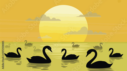 Tablou pe pânză A serene digital illustration depicting a beautiful sunset over calm water with majestic black swan silhouettes gracefully swimming, creating a peaceful mood