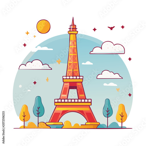 Flat illustration of Eiffel Tower with decorative elements