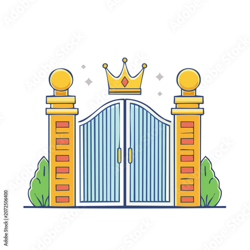 Ornate Gate with Crown and Pillars Flat Vector Illustration