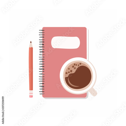 Pink notebook, coffee cup, and pencil flat illustration