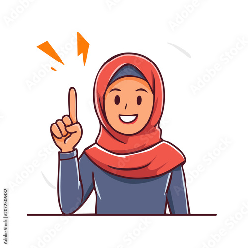 Smiling woman in hijab pointing finger up, flat vector illustration