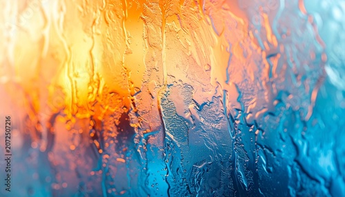 Dynamic abstract background featuring intricate water droplets on glass, brilliantly lit by a radiant gradient of orange, yellow, and blue hues, creating a luminous and textured display