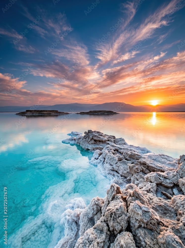 Obraz premium Dramatic sunset over salt formations in the Dead Sea, turquoise water with white mineral deposits, majestic desert landscape at golden hour