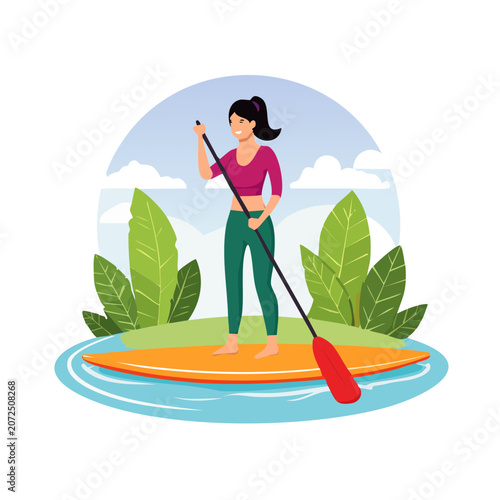 Woman paddleboarding on a surfboard in nature