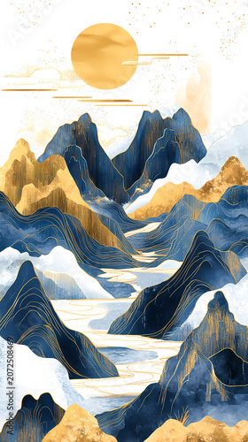 Abstract Mountain Landscape with Gold Accents