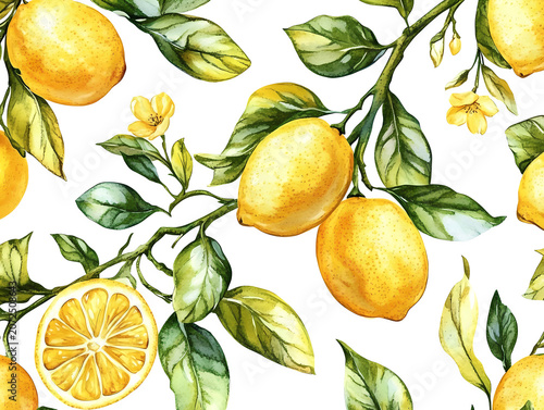 Watercolor Lemon Pattern with Branches and Leaves