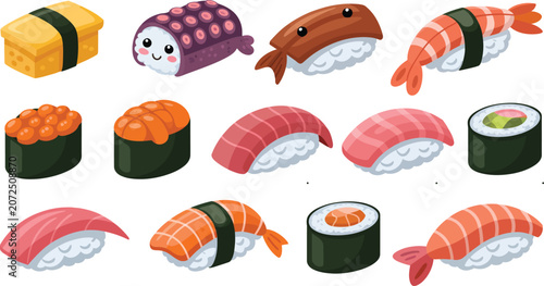 Foto Set of cute cartoon sushi pieces with labels including nigiri and maki for menu