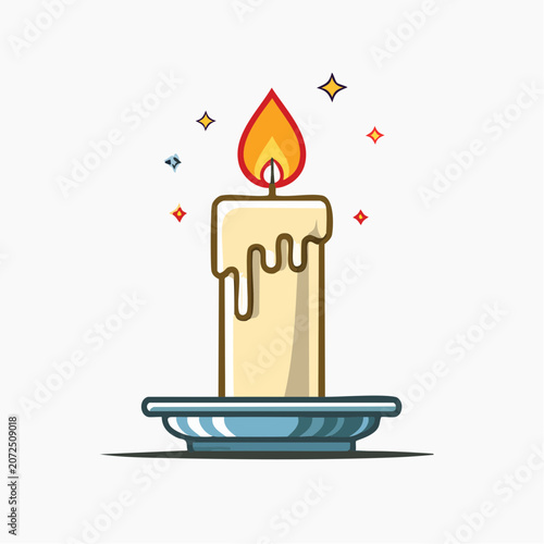 Illustration of a lit candle with dripping wax and sparkling stars