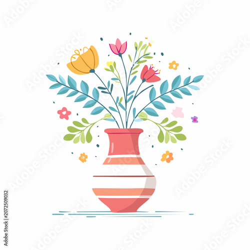 Illustration of a vase with colorful flowers and leaves
