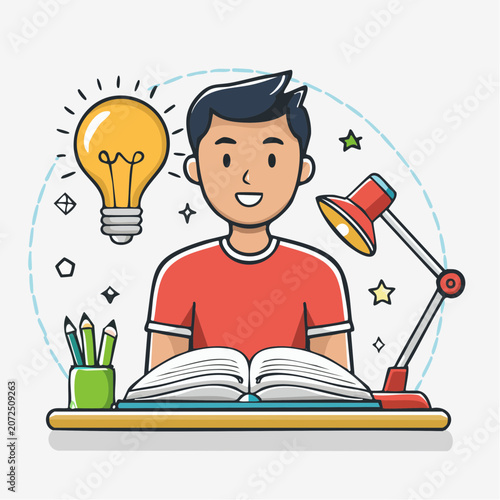 Student with Idea Lightbulb and Desk Lamp Studying Book