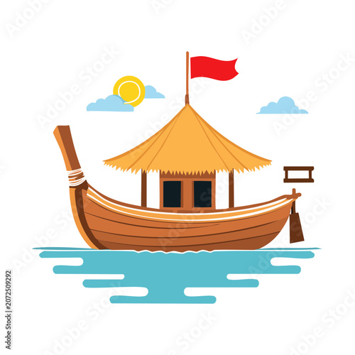 Traditional wooden boat with thatched roof on water