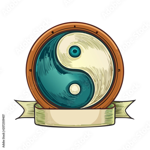 Yin Yang Symbol in Circular Emblem with Banner