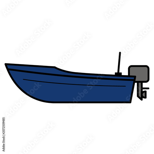 Blue motorboat with outboard motor, flat vector illustration