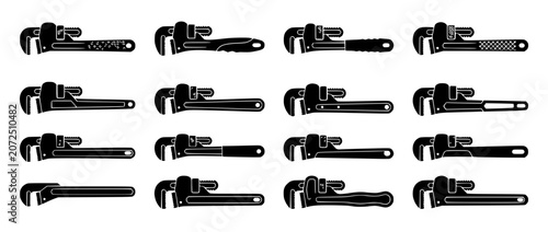 Collection of Black Pipe Wrenches - Isolated on White Background
