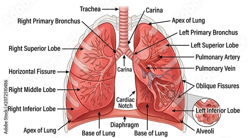 Detailed diagram of human lungs showing lobar anatomy and major airway