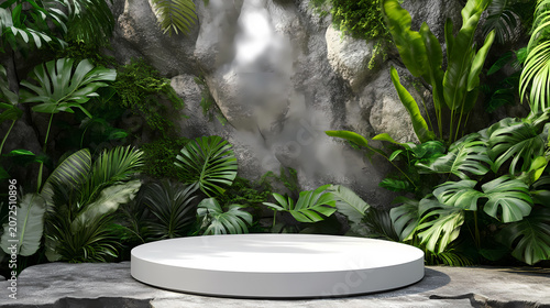 Empty White Round Podium in Lush Tropical Garden