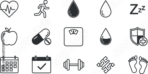 Cuadro en lienzo Health and fitness tracker line icons set for wellness lifestyle mobile applicat