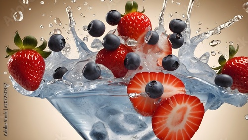 Strawberry blueberry milk splash dynamic fresh dessert advertising concept