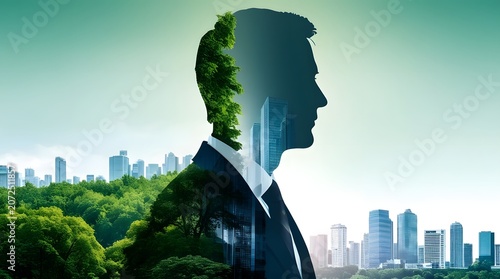 Double exposure businessman and green city sustainability corporate vision