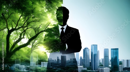 Businessman silhouette with green city double exposure eco corporate concept
