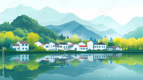 Serene Mountain Village by the Water