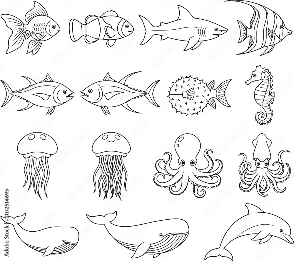 Obraz premium Diverse illustrations of marine creatures and sea life from various ocean habitats Vector