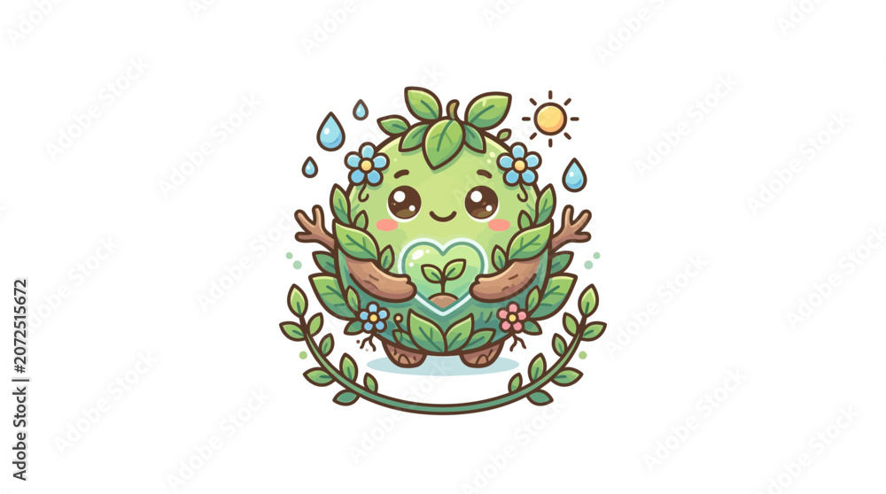 Fototapeta premium Cute Cartoon Earth Character Protecting a Green Sprout