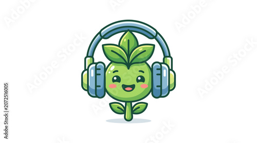 Cute Cartoon Plant Character Listening to Music with Headphones