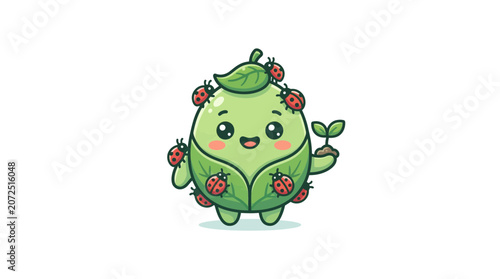 Cute Cartoon Plant Character with Ladybugs Holding a Small Sprout