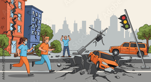 Fotografía Earthquake disaster vector illustration design showing fleeing people and broken