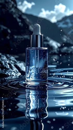 A serene landscape with a dropper bottle in water (1)
