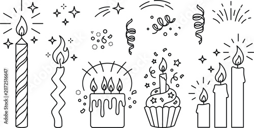 Photos Birthday candle and cake icon set vector outline collection of cupcake confetti streamer fire spark doodle party element