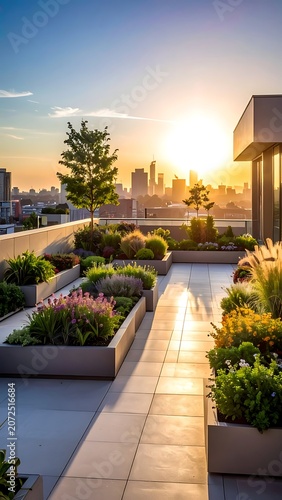 A serene rooftop garden at sunset with city skyline