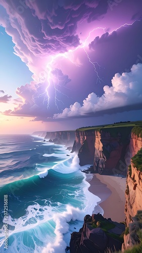 A serene seascape with a cliffside, ocean waves, and a stormy sky