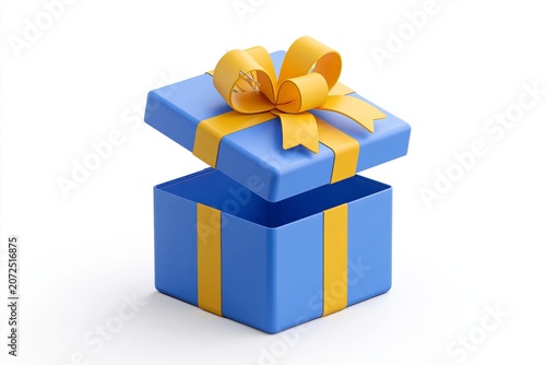 3d blue open gift box with yellow ribbon bow isolated on a white background. 3d render flying modern holiday open surprise box. Realistic vector icon for present, birthday or wedding banners