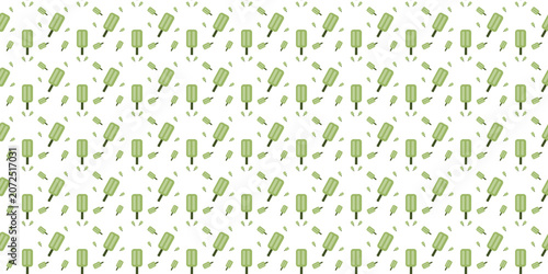 Cute seamless popsicle pattern with green ice cream bars on white background. Minimalist summer food vector graphic for kids fabric print, wrapping paper, wallpaper.