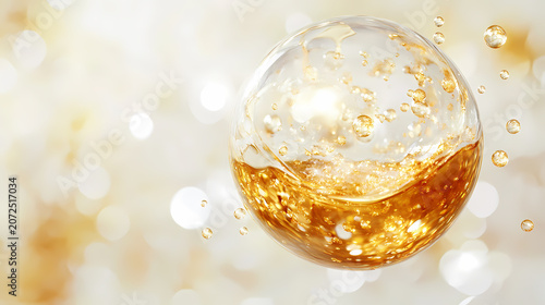 Golden Liquid Sphere with Sparkling Bubbles
