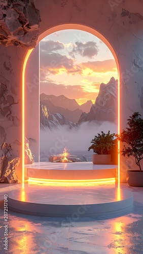 A serene virtual landscape with an archway, mountain view, and sunset