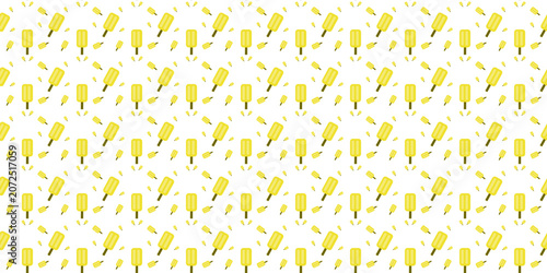 Seamless summer vector pattern of yellow popsicles on a white background. Minimalist cute ice cream stick ornament for wallpaper, textile, wrapping paper, wrapping fabric, and banner design.