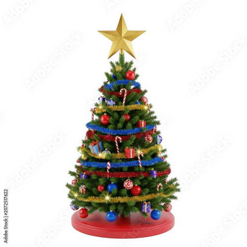 Decorated christmas tree with star topper isolated on transparent background