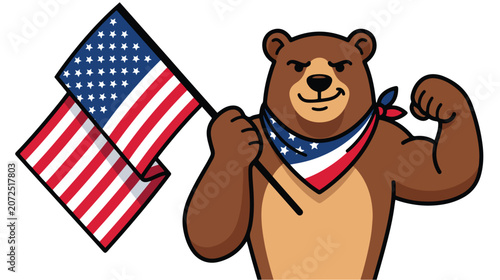 Patriotic Bear Mascot Waving American Flag Flat Vector