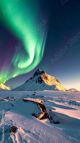 A snowy mountain landscape under the vibrant green aurora borealis