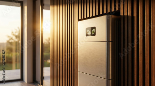 Modern energy storage battery system with eco friendly icons mounted on wood panel wall in home