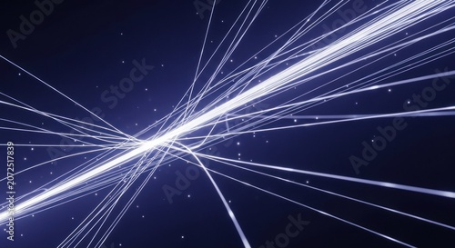 A blue and white abstract light trail design with a dark blue background.