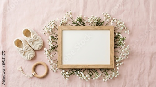 Baby shoes and teether beside a blank picture frame on flowers