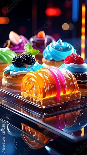 A vibrant display of assorted pastries on a reflective surface