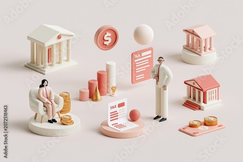 Financial illustration set. Lawyers working with public finance, tax law and other economics branches. Government spending, revenue and taxation concept. 3D Vector illustration