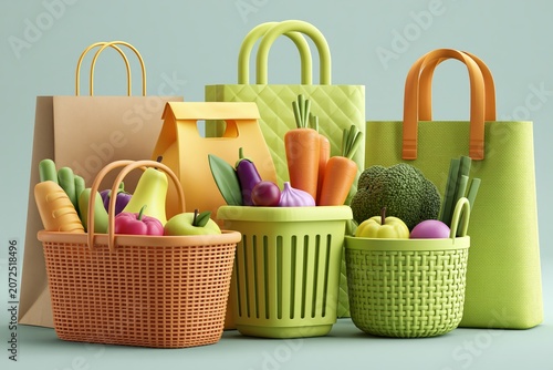 3D Shopping bags and baskets vector illustrations set. 3D Grocery purchases, paper and plastic packages, turtle bags with products. 3D Natural food, organic fruits, vegetable. Department store goods