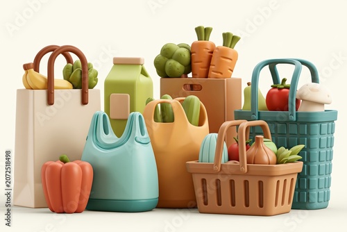 3D Shopping bags and baskets vector illustrations set. 3D Grocery purchases, paper and plastic packages, turtle bags with products. 3D Natural food, organic fruits, vegetable. Department store goods